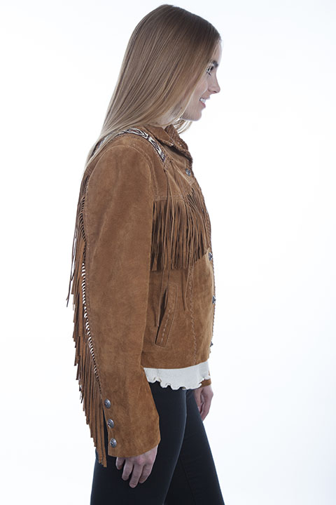 (image for) Ladies Hand Laced and Bead Trim Leather Jacket (XL / Expresso)